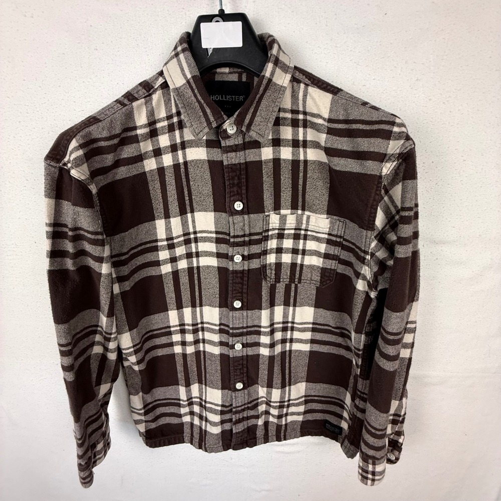 Hollister Flannel Shirt Mens Small Brown Plaid Oversized Long Sleeve Button Up
